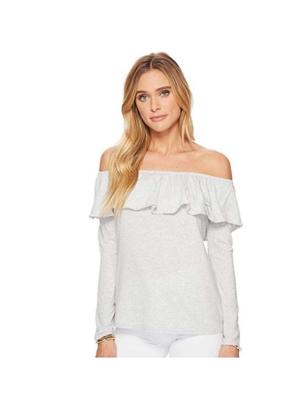 Lilly Pulitzer Light Gray Off-Shoulder Ruffle Sweater XXS NWOT
